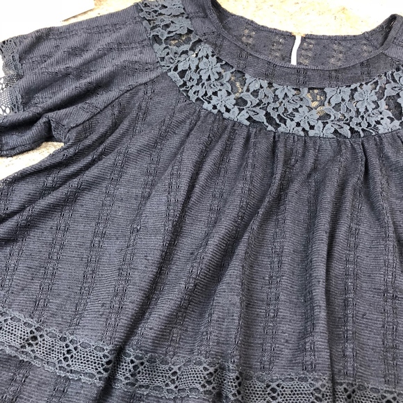 Free People Lace Panel Babydoll Peasant Top Black - Picture 3 of 8